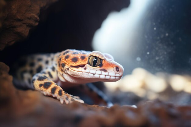 Speckiges Sonnenlicht berührt einen Leopardengecko in einer Höhle