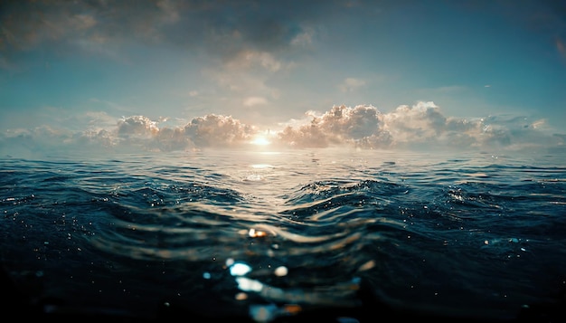 Spectacular calmo amanhecer do oceano refletindo na água Ilustração de arte digital 3D