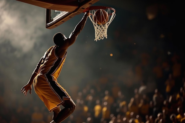 Foto spectacular slam dunk por um jogador de basquetebol ai gerado