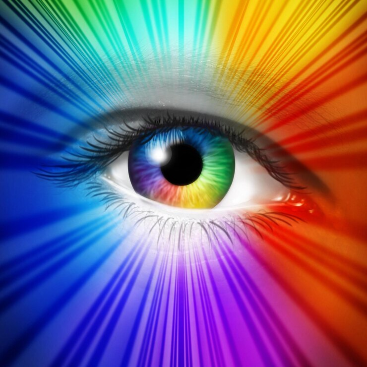 Spectrum Eye concepto como iris humano y pupila con efecto de explosión de estrella multicolor reflectante como am