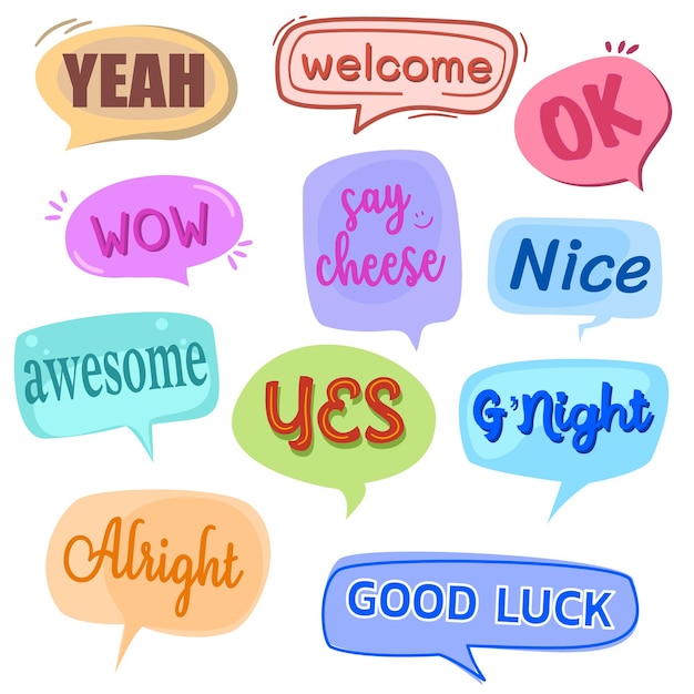 Speech-Chat-Bubble-Talk-Ballon-Vektorgrafik Textnachricht-Kommunikation-Illustrationssymbol, das in Doodle gesetzt ist Wort-Sprechen-Ikonen-Sammlung Aufkleber-Banner Comic-Cartoon-Dialog denken Kommentar Zitat