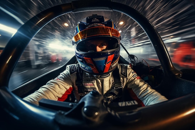 Speed Demon Helmeted Racer dirigindo um carro na pista IA generativa