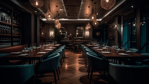Foto speisen sie an stilvollen tischen in einem großen luxusrestaurant mit modernem ambiente und generativer ki