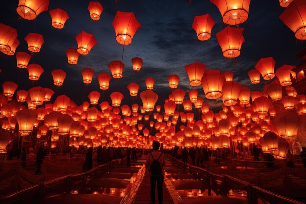 Spektakuläre Darstellung zahlreicher roter Laternen, die in der Luft schwimmen, roten Laternen beleuchten das chinesische Neujahrsfestival in Thailand