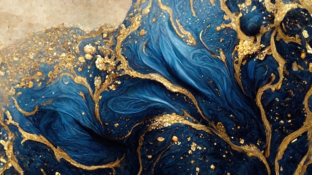 Spektakuläre dunkelblaue und goldene Tinte wirbelte herum Digitale Kunst 3D-Illustration