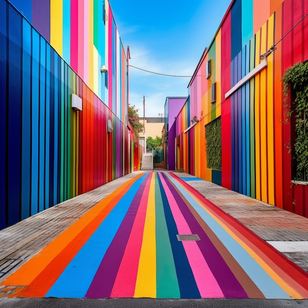 Spektakuläre farbige Farbe auf einer leeren Straße Eine spielerische Textilinstallation
