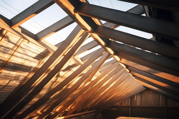 Spektakuläre gerippte Balken im sonnigen modernen Dachbau