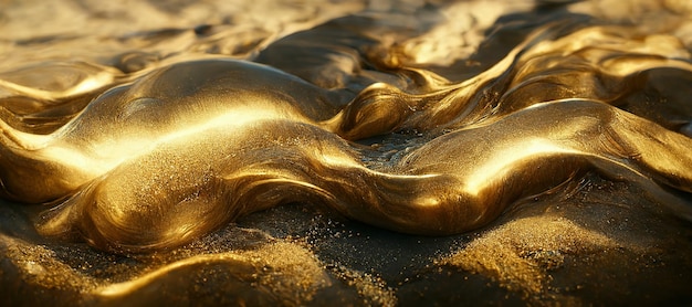 Spektakuläre glitzernde goldene feste flüssige Wellen abstrakte digitale 3D-Illustration