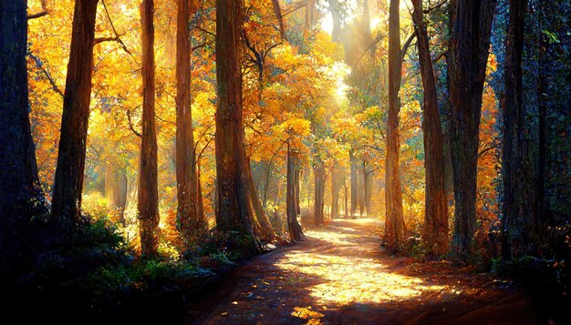 Spektakuläre Herbstlandschaft im dichten Wald mit Straßenweg Herbstwaldlandschaftsszene mit starkem Sonnenlicht und Baumschatten Digitale Kunst 3D-Illustration