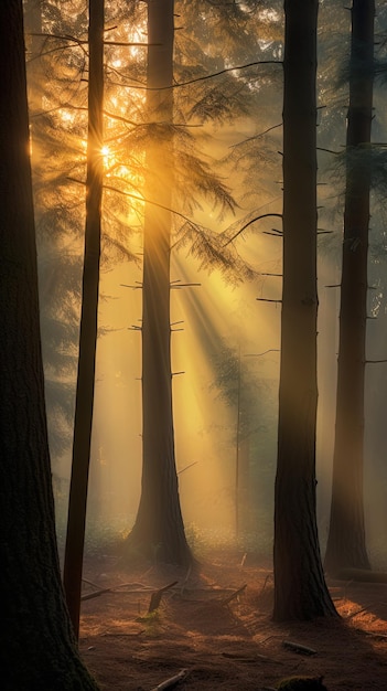 Spektakuläre Morgensonnenstrahlen im Wald während eines schönen warmen Tages, generative KI