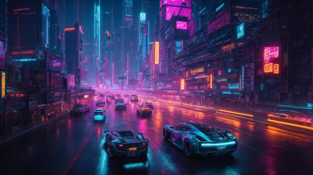 Spektakuläre Nachtzeit in der Cyberpunk-Stadt der futuristischen Fantasy-Welt mit fliegenden Wolkenkratzern
