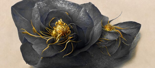 Spektakuläre schwarze Blume mit goldenem Pollen Digitale Kunst 3D-Illustration