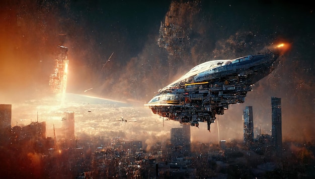 Spektakuläre Szene der futuristischen Stadt mit Raumschiff Digitale Kunst 3D-Illustration