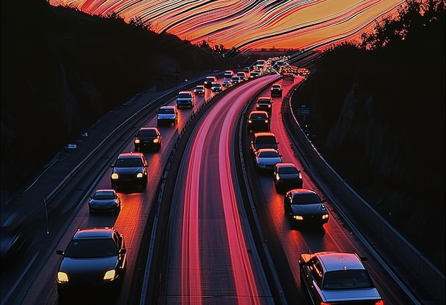 Foto spektakulärer blick auf den sonnenuntergang über einer stark befahrenen autobahnbrücke, beleuchtetes stadtbild und fahrende autos