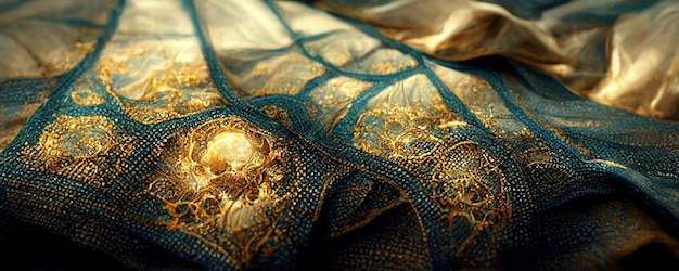 Spektakulärer klassischer Hintergrund aus einem seidenglatten dunkelblauen Stoff mit einem Muster aus goldener Textur Schöne Werke realistischer abstrakter Kunst Digitale Kunst 3D-Illustration