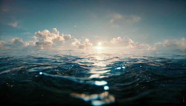 Spektakulärer Sonnenaufgang am ruhigen Ozean, der sich im Wasser spiegelt Digitale Kunst 3D-Illustration