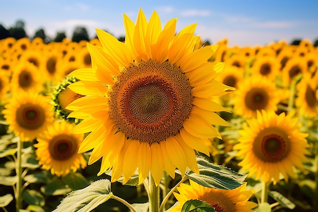 Spektakulärer Sonnenuntergang, der ein warmes Leuchten über Sonnenblumenfelder wirft