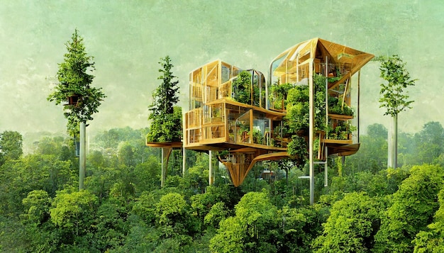 Spektakuläres Bild eines nachhaltigen Baumhauses Digitale Kunst 3D-Illustration
