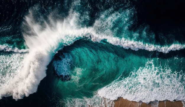 Spektakuläres Hintergrundfoto aus der Luft von oben von der weißen Welle des Ozeanmeerwassers, die in der Tiefsee spritzt