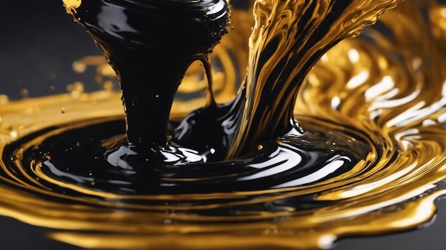 Spektakuläres Makrobild von schwarzer und goldener flüssiger Tinte, die zusammenwirbelt