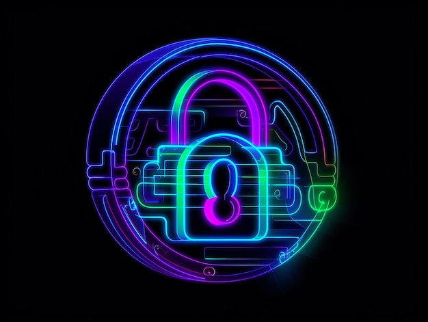 Sperren Sie das Cyber-Sicherheitskonzept abstrakte Illustration im Neonstil auf schwarzem Hintergrund Generative KI