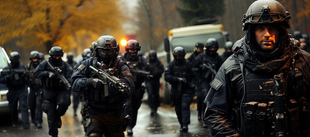 Foto speziale streitkräfte soldat polizei swat-team-mitglied in aktion poster-konzept für die polizeigenerated mit ai-sicherheit oder militär