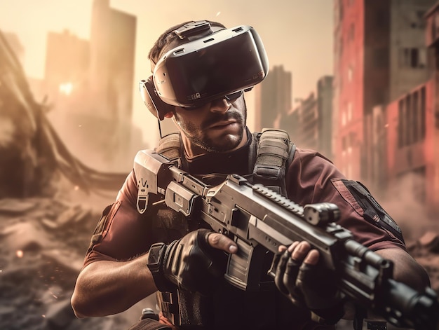 Spezialeinheitssoldat hält Maschinengewehrfrauen im Kriegsgebiet VR-Gaming-Konzeptdesign, ai generiert
