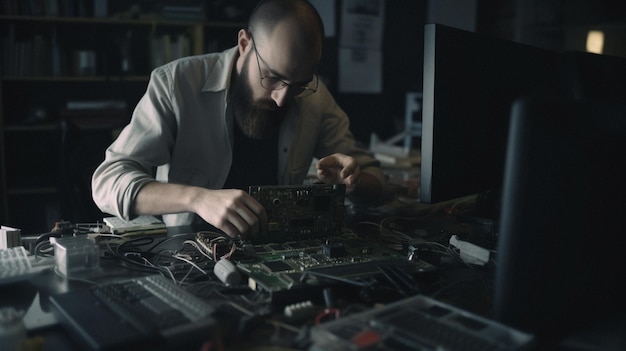 Spezialist für Computerreparaturen bei der Arbeit Werkzeuge Ausrüstung und Entschlossenheit