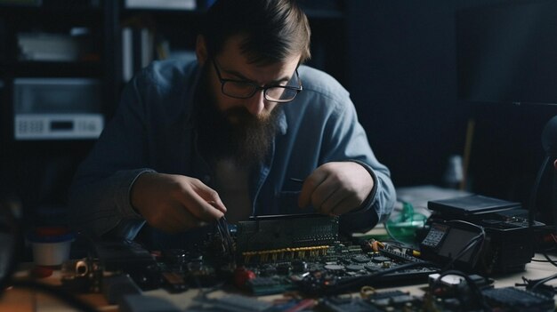 Spezialist für Computerreparaturen bei der Arbeit Werkzeuge Ausrüstung und Entschlossenheit