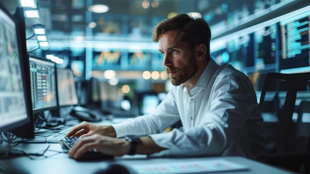 Foto spezialist für datenverarbeitung und -analyse ein menschlicher programmierer verwendet einen computer, um zu analysieren und zu entwickeln