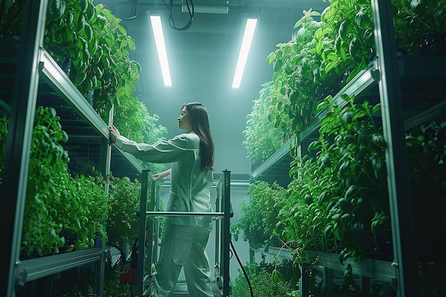 Spezialisten für vertikale Pflanzenfarmen sprechen auf einem Aufzug mit einem Regal mit frischen Basilikumpflanzen Weibliche und männliche Landwirte arbeiten in Innenräumen Mehrschicht-Hydroponik-Farm mit Led-Beleuchtung im Hintergrund