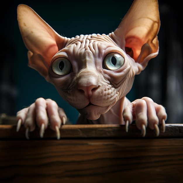 Sphynx-Katze sitzt auf einem Tisch