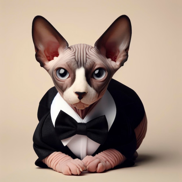 Sphynx-Katze trägt Smoking auf farbigem Hintergrund ai generativ