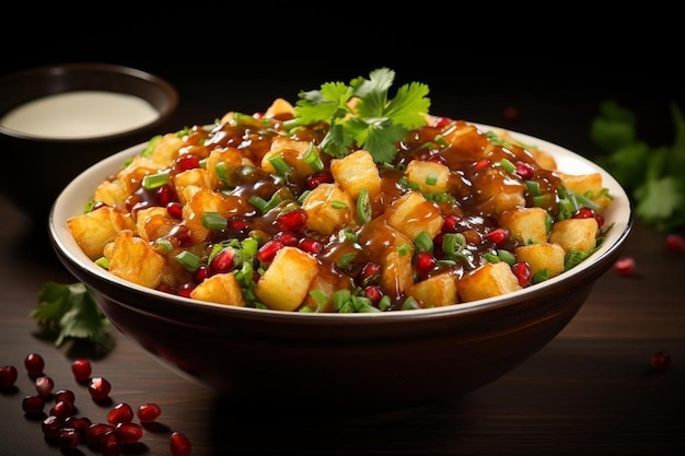 Spicy Aloo Chaat Tradicional Aloo chaat ou Alu chat é uma imagem popular de comida de rua