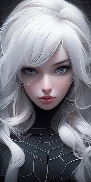 Spiderman-Mädchen mit weißen Haaren und blauen Augen in einem schwarz-weißen Kostüm generative ai