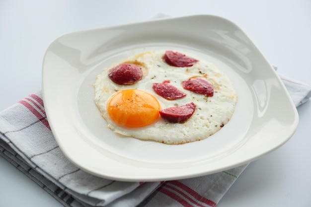 Spiegelei gemischt mit Wurst auf einem Teller