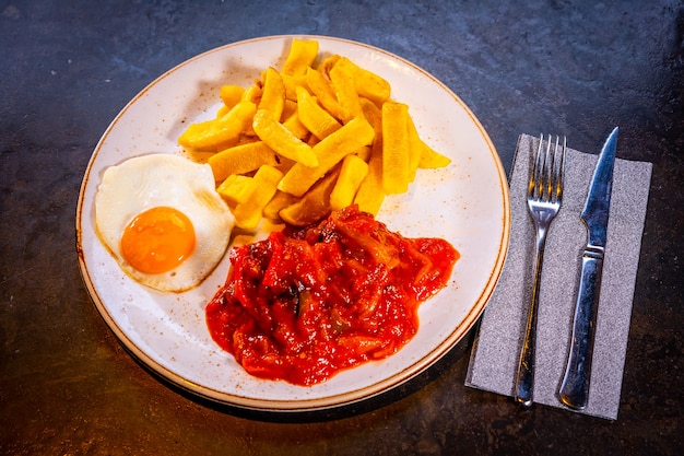 Spiegelei mit Kartoffeln und Paprika auf schwarzem Hintergrund, auf einem blauen Teller