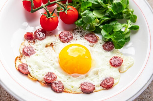 Spiegelei Würstchen, Gemüse Frühstück frische Mahlzeit Essen Snack auf dem Tisch Kopie Raum Essen