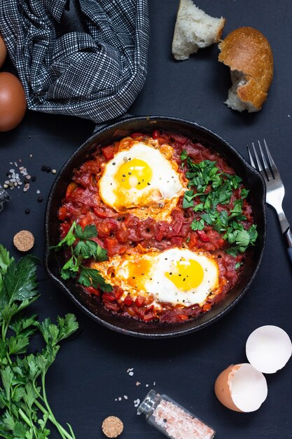 Spiegeleier in Tomatensauce mit Petersilie und Brot in einer gusseisernen Pfanne