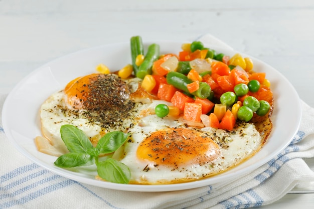 Spiegeleier mit Gemüse Traditionelles leckeres Frühstück und Mittagessen