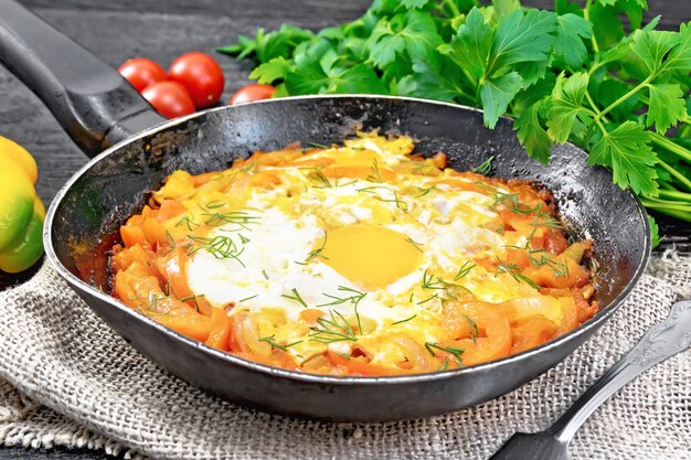 Foto spiegeleier mit tomaten, paprika, zwiebeln und kräutern in einer pfanne auf sackleinen, petersilie, gabel auf holzbretthintergrund