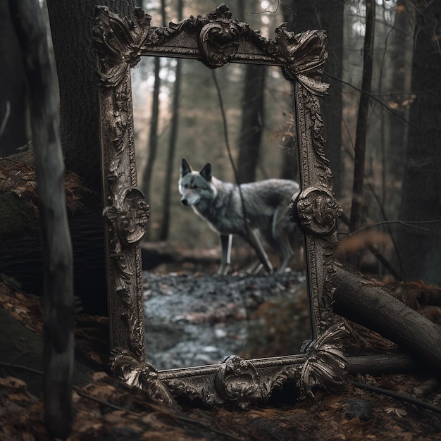 Spiegeln Sie in einer dichten seltsamen magischen Waldreflexion eines Wolfs in der Spiegelhorrorlandschaft