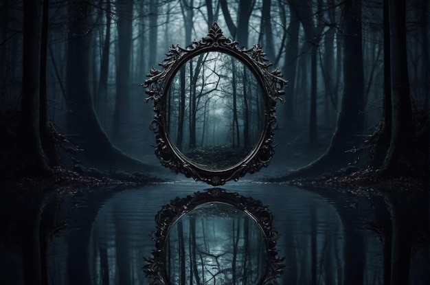 Spiegelportal in einem dunklen düsteren Wald Fantasy KI
