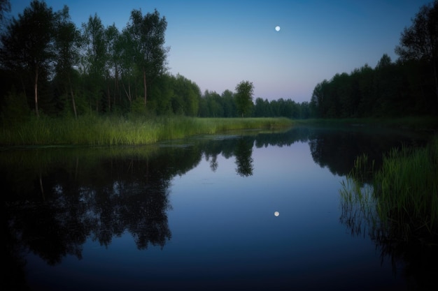 Spiegelung des Mondes auf dem stillen Wasser eines ruhigen Sees, der mit generativer Ai erzeugt wurde