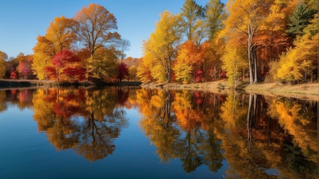 Spiegelung farbenfroher Herbstbäume im See