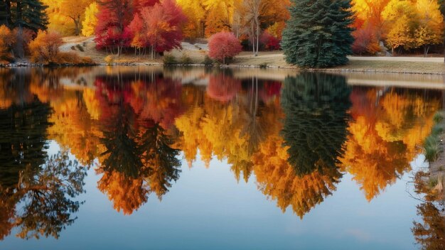 Spiegelung farbenfroher Herbstbäume im See