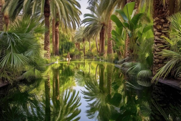 Foto spiegelung grüner palmen in einem ruhigen oasenteich, der mit generativer ki geschaffen wurde