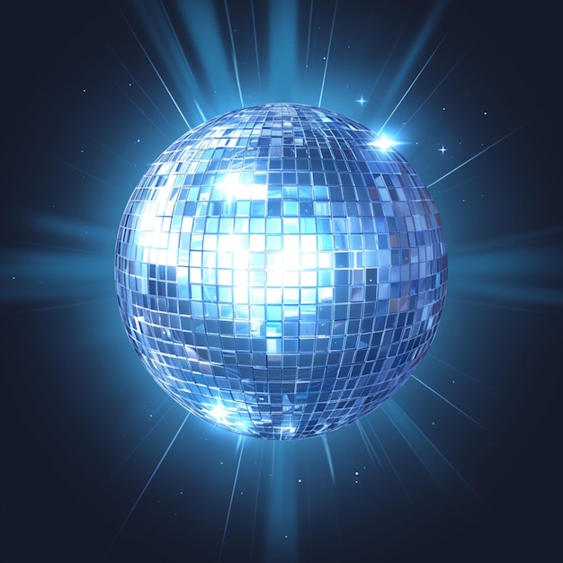 Spiegelweise drehende blaue Disco-Kugel für die 80er- und 90er-Jahre, leuchtender Hintergrund für soziale Medien, Postgröße