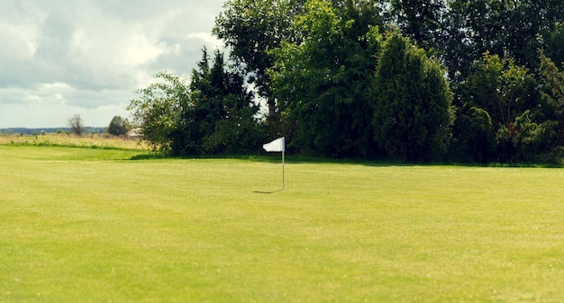 spiel-, unterhaltungs-, sport- und freizeitkonzept - flaggenmarkierung auf dem golfplatz