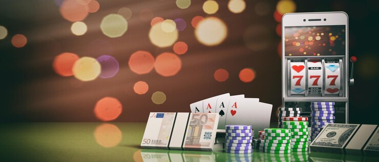 Spielautomat auf einem Smartphone-Bildschirm Pokerchips Karten und Geld 3D-Darstellung